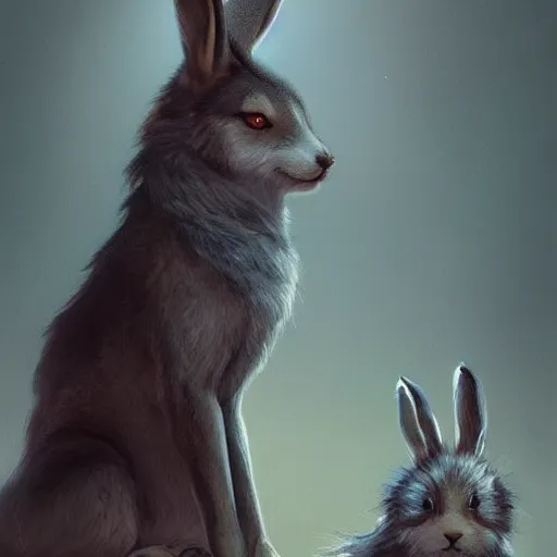 Prompt: A beautiful painting of an anthropomorphic wolf and rabbit. The rabbit has long rabbit ears on his head, and is sitting with his back to the wolf. The wolf's arms are wrapped around the rabbit's shoulders. Trending on artstation, greg rutkowski