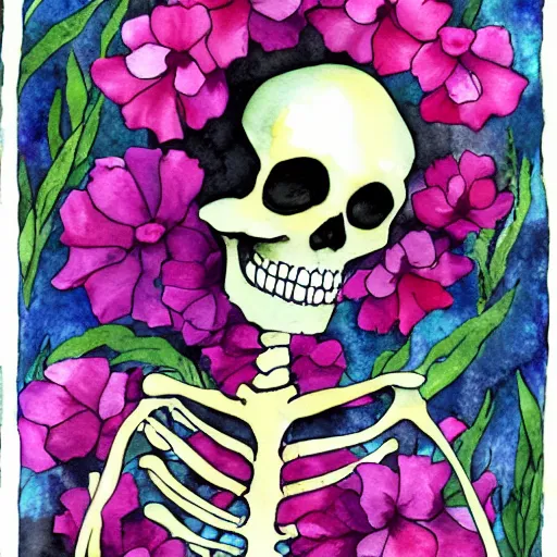 Image similar to skeleton surrounded by flowers, watercolor