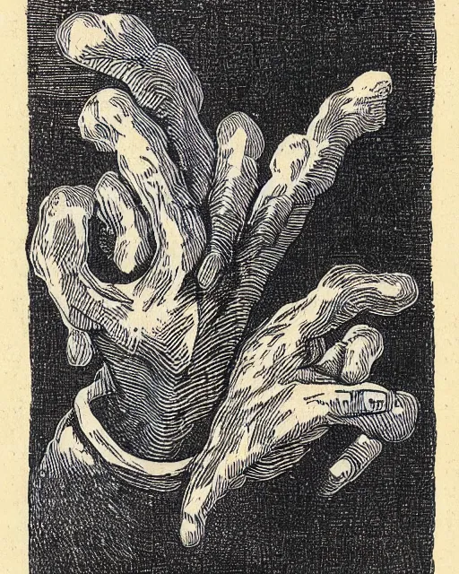 Prompt: a woodcut of billowy smoke surrounding a pair of floating hands by henricus hondius ii, featured on flickr, mannerism, grotesque, woodcut, macabre, highly detailed