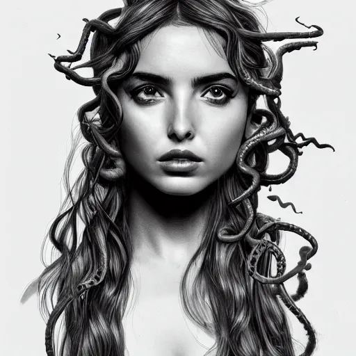 Prompt: ana de armas portrait as medusa from greek mythology, living venomous snakes in place of hair, ink drawing,, hyperdetailed, 8 k realistic, trending on artstation, by alphonso dunn and rob plater and miles yoshida