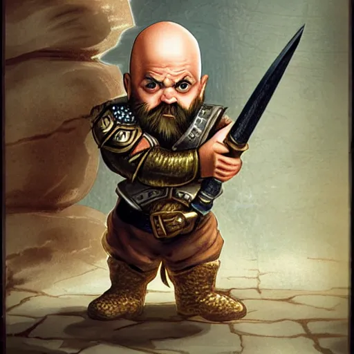 Prompt: bald dwarf with white beard, holding a dagger and bomb, dnd, high detail, fantasy,