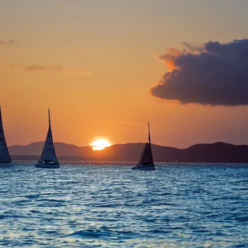 Prompt: fijian beach at sunset with sailing yacht