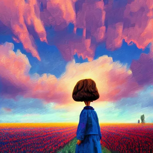 Image similar to dutch girl with singular giant tulip as a face, surreal photography, flower field, sunset dramatic light, impressionist painting, colorful clouds, blue sky, digital painting, artstation, simon stalenhag