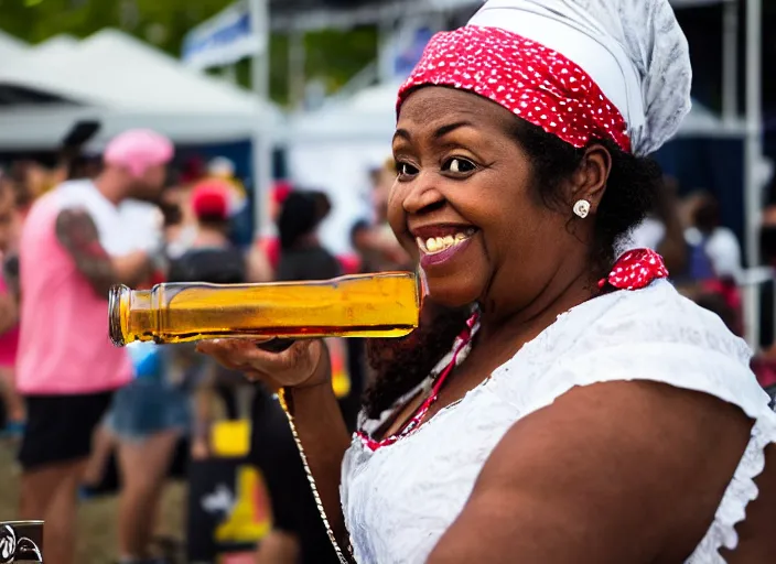 Image similar to photo still of aunt jemima in period attire at vans warped tour!!!!!!!! at age 4 0 years old 4 0 years of age!!!!!!! on stage pouring maple syrup on the crowd, 8 k, 8 5 mm f 1. 8, studio lighting, rim light, right side key light