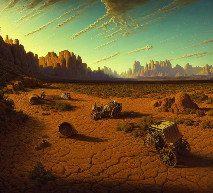 Prompt: the 🛰💥 site at a 🏜 dry river bed by ivan shishkin and zacharias aagaard and simon stalenhag and escher, chiaroscuro, tonalism, sfumato, high saturation, high contrast, vibrant, 🦿 👨💻👩🚒🧑🔧🌵🌇