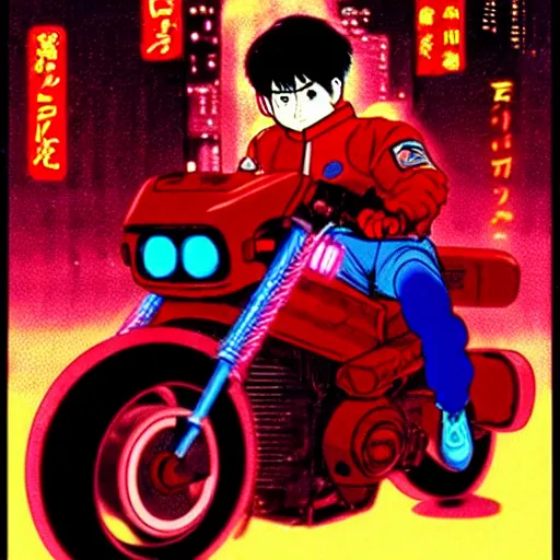 Image similar to kaneda on his motorcycle in neo tokyo looking for akira, night, neon lights, speed, art by katsuhiro otomo, ultra detailed, 8 k