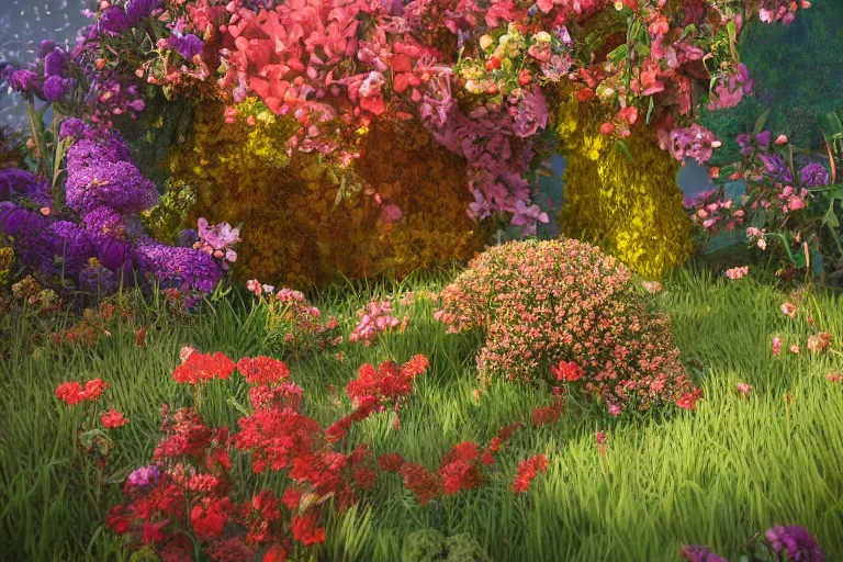 Prompt: super detailed color art, a lot of small garden flowers, A multiverse of berries, unreal engine, wes anderson color palette, 3d render, colorful, digital art