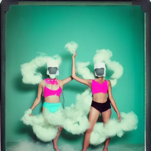 Image similar to polaroid of dancers that are made from cotton candy, smoke and clouds, wearing giant paper masks, mix, DADA collage, texture, lomography, fashion neon light