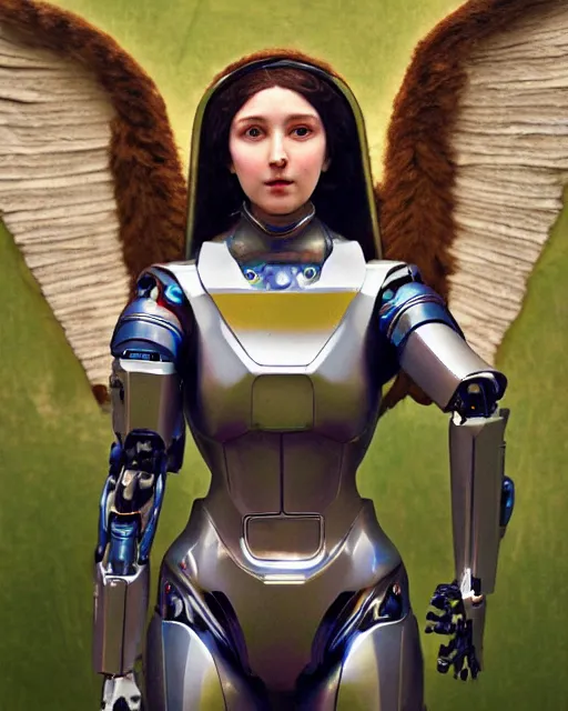 Image similar to female angel with solarpunk mecha humanoid robotic parts with bright led lights, pudica pose gesture, by bouguereau, ultra - realistic and intricate, hdr 8 k