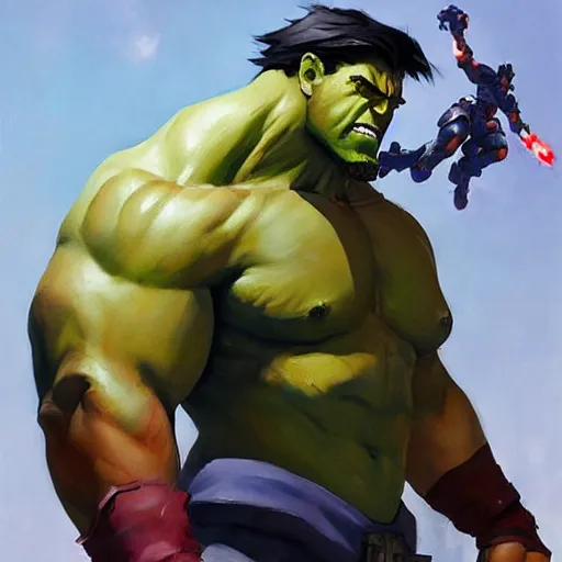 Image similar to greg manchess portrait painting of armed mega shonen hulk as overwatch character, medium shot, asymmetrical, profile picture, organic painting, sunny day, matte painting, bold shapes, hard edges, street art, trending on artstation, by huang guangjian and gil elvgren and sachin teng