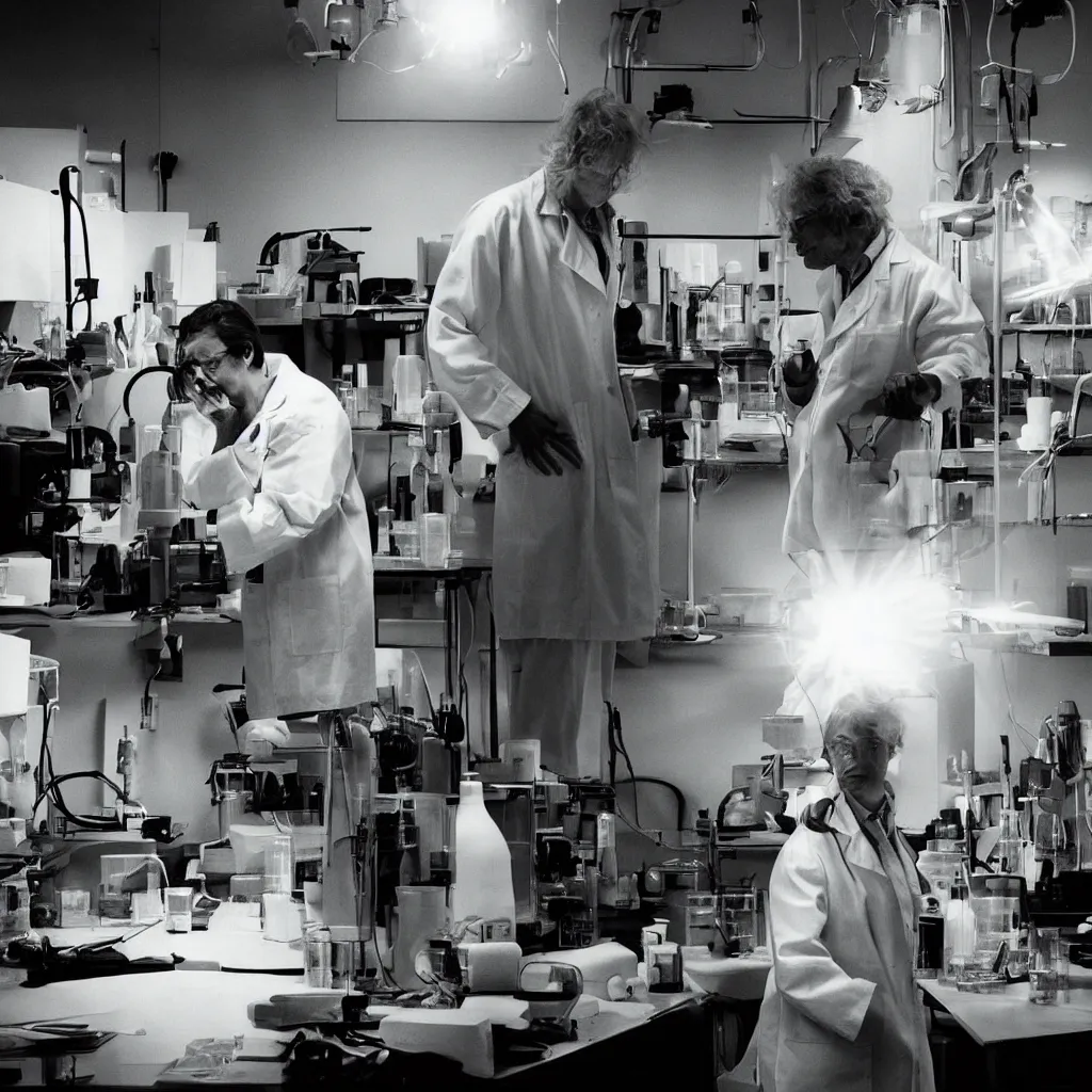 Prompt: “candid portrait photo taken by Annie Leibovitz Roger Deakins of a research scientist wearing a lab coat on an emotional rollercoaster in a cluttered laboratory. shafts of light from a window illuminating laboratory glassware. eureka is still out of reach. ”