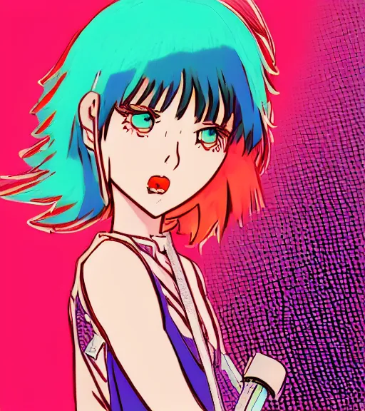 Prompt: black bobcut hair style magical girl in a blend of 8 0 s anime - style art, vibrant composition and color, filtered through a cybernetic lens, by hiroyuki mitsume - takahashi and noriyoshi ohrai and studio ghibli, pastel colors, hand - drawn animation, cel shading, contour hatching, highly detailed, bokeh, vector art