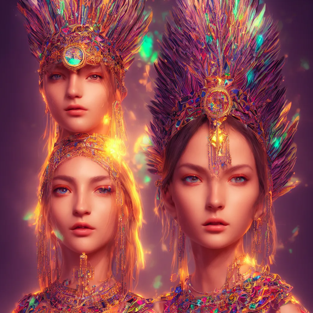 Image similar to portrait highly detailed beautiful symmetrical face high priestess intricate elegant detailed crystal jewellery with tribal feathers, lush colourful volumetric lighting, anime digital painting, concept art, smooth, sharp focus 3 d, divine realm of gods, realistic cinematic style, octane render, photographic, unreal engine 8 k