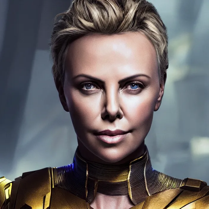 Prompt: portrait of (Charlize Theron), wearing The Infinity GAUNTLET. intricate artwork. octane render, trending on artstation, very coherent symmetrical artwork. avengers. THANOS. cinematic, hyper realism, high detail, octane render, 8k, iridescent accents