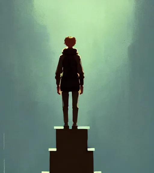 Image similar to a prince standing on the stairs to the throne by atey ghailan, by greg rutkowski, by greg tocchini, by james gilleard, by joe fenton, by kaethe butcher, dynamic lighting, gradient light blue, brown, blonde cream and white color scheme, grunge aesthetic