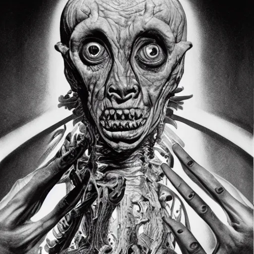 Image similar to a portrait of a creature from the beyond, body horror, by gerard brom and ansel adams