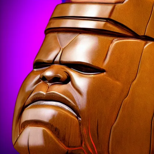 Image similar to a closeup photorealistic photograph of a glossy thanos style tiki mug sitting at a trader vic's bar featuring the face of thanos. tiki party. bright scene. fine detail. this 4 k hd image is trending on artstation, featured on behance, well - rendered, extra crisp, features intricate detail, epic composition and the style of unreal engine.