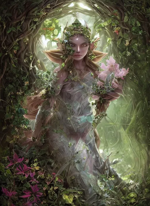 Image similar to beautiful full body portrait of the legend of Zelda ocarina of time great fairy, her body wrapped with ivy vines leaves and flowers, dark fantasy esoteric, D&D, fantasy, cinematic lighting, intricate, elegant, highly detailed, digital painting, artstation, concept art, matte, sharp focus, illustration, art by Artgerm and Tom Bagshaw and Greg Rutkowski and Alphonse Mucha