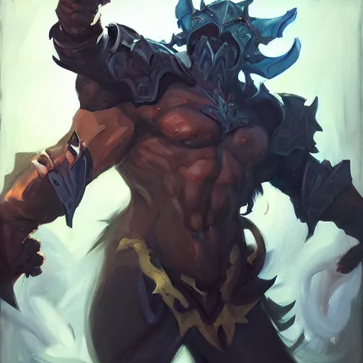 Image similar to Greg Manchess portrait painting of a demonic armored character from league of legends, medium shot, asymmetrical, profile picture, Organic Painting, sunny day, Matte Painting, bold shapes, hard edges, street art, trending on artstation, by Huang Guangjian and Gil Elvgren and Sachin Teng