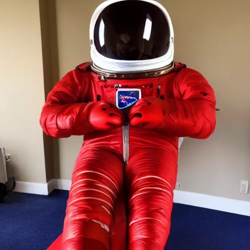 Image similar to a red suit astronaut shaped like a bean with a blue visor 4 k