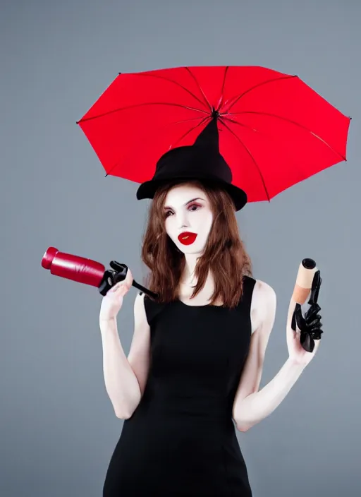 Image similar to a beautiful white pale skin girl, grey background, black dress, vibrent red lipstick, a black hat, black umbrella