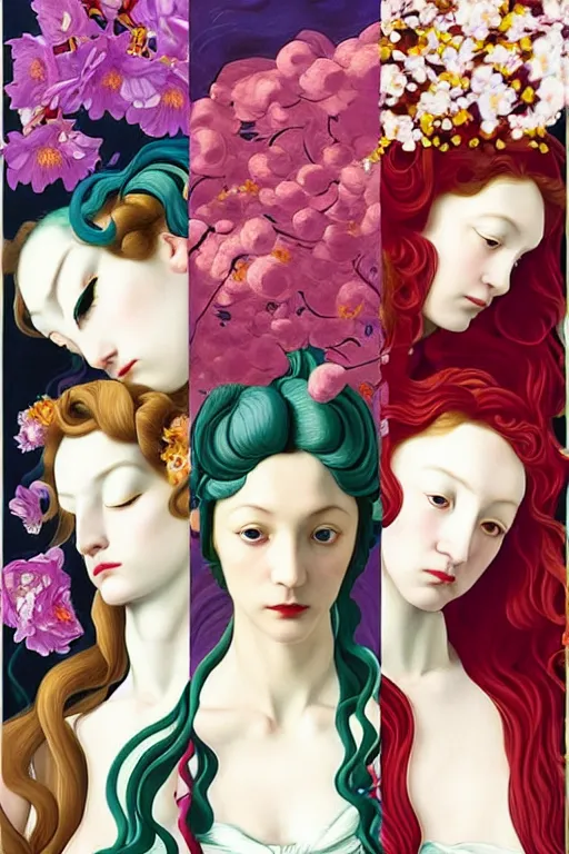 Image similar to 3 Spring Muses symbolically representing March, April, and May, in a style blending Æon Flux, Peter Chung, Shepard Fairey, Botticelli, Ivan Bolivian, and John Singer Sargent, inspired by pre-raphaelite paintings, shoujo manga, and cool Japanese street fashion, dramatically blossoming flora and fauna, petals falling everywhere, pastel vivid triad colors, hyper detailed, super fine inking lines, ethereal and otherworldly, 4K extremely photorealistic, Arnold render