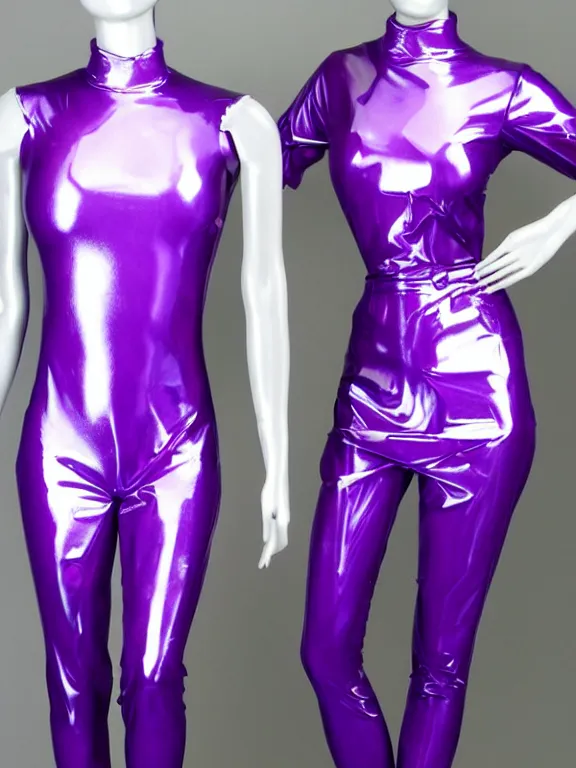 Image similar to very tight Translucent metallic mirror chrome purple and Gold latex crazy outfit on a mannequin