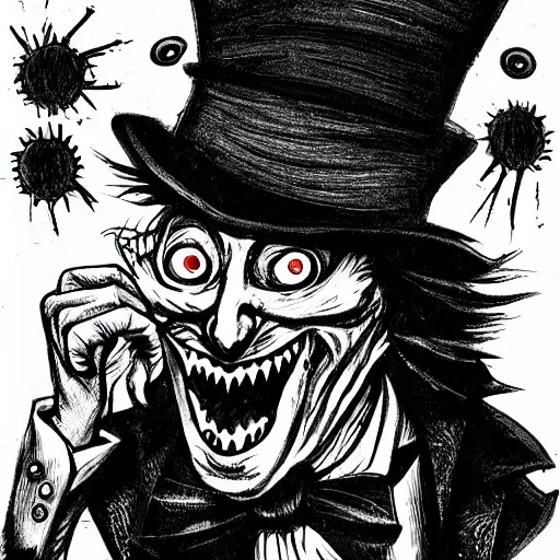 Image similar to a Pop Wonder scary horror themed goofy-hilarious-character Mad-Hatter-babadook-wearing a scarf, 3-piece-suit, dime-store-comic drawn with charcoal and pen and ink, half-tone-line-stacking