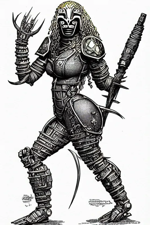 Image similar to warforged beyonce, as a d & d monster, full body, pen - and - ink illustration, etching, by russ nicholson, david a trampier, larry elmore, 1 9 8 1, hq scan, intricate details, inside stylized border