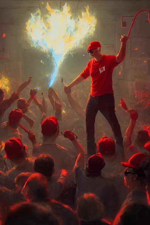 Prompt: character art by ruan jia, joe biden wearing wayfarer glasses and red baseball hat at a music concert, on fire, fire powers, room filled with wiring, electronics, computer equipment, monitors