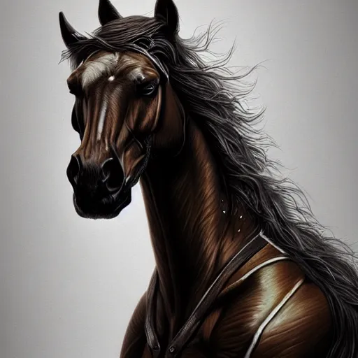 Prompt: portrait of a humanoid horse, muscular, upper body, hairy torso, fantasy, intricate, elegant, highly detailed, digital painting, artstation, concept art, matte, sharp focus, illustration