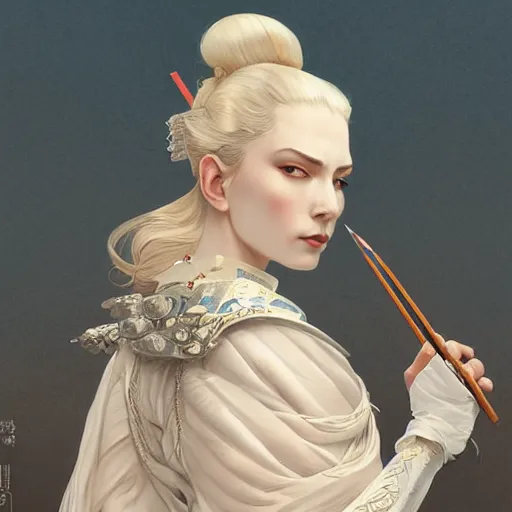 Image similar to a portrait of a beautiful tall and feminine albino supermodel maiko samurai armor, highly detailed, digital painting, artstation, concept art, sharp focus, illustration, art by artgerm and greg rutkowski and alphonse mucha