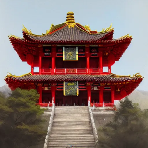 Image similar to A digital painting of a chinese temple in the mountains, by Greg Rutkowski, trending on Artstation