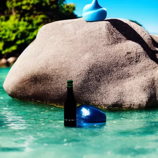 Prompt: bottle on a rock floating in the blue water surrounded by plethora of fauna and flora, bright blue skies up close shot, white background, zen, light, modern minimalist f 2 0 clean