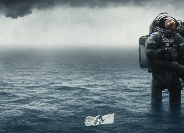 Image similar to astronaut underwater holding a flag in the bottom of the ocean. a submarine is visible in the distance. dark, concept art, cinematic, dramatic, atmospheric, 8 k, trending on artstation, low visibility, fog, ocean floor, christopher nolan, interstellar