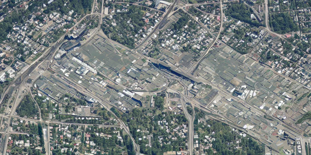 Prompt: satellite imagery of a low - rise city, with small woods and hills in the north with trailer park. in the south are buildings, a highway, shipping dock area, and monorail station.