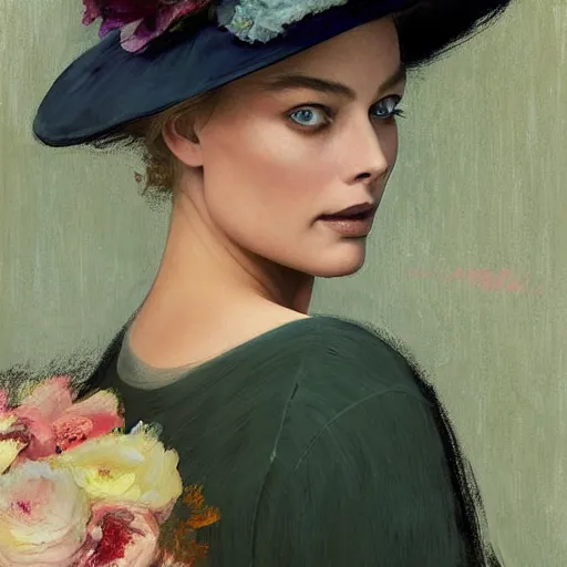 Prompt: happy very thick paint brush strokes paint texture full body fashion model margot robbie by Jeremy Lipking by Hasui Kawase by Richard Schmid (((smokey eyes makeup eye shadow fantasy, glow, shimmer as victorian woman in a long white frilly lace dress and a large white hat having tea in a sunroom filled with flowers, roses and lush fern flowers ,intricate, night, highly detailed, dramatic lighting))) , high quality