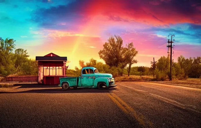 Image similar to A beautiful colorful evening scene of route66, old road with abandoned gas station and rusty old pickup truck, hyper realistic, blinding backlight evening sun, sparkling sun rays, epic scene, intense setting, evening vibe