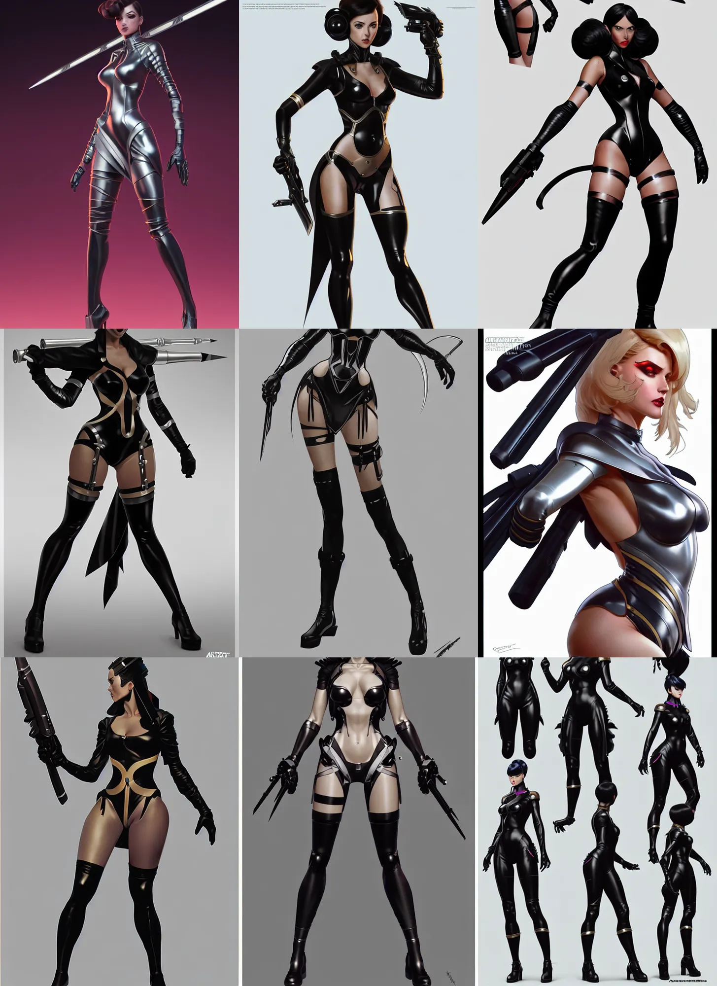 Image similar to cartoon character design. sci - fi weapon. black tape project show attctive showgirl!! full body with future head set!! sharp edge. ultra clear detailed. contour light effect!! 8 k. stage light. octane render. by artgerm, cushart krenz, greg rutkowski and alphonse mucha.