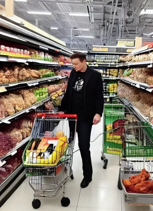 Image similar to Elon musk stealing chicken in a supermarket caught on a security camera