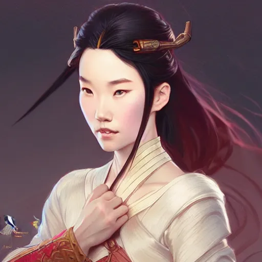 Image similar to Mulan, D&D, fantasy, intricate, elegant, highly detailed, digital painting, artstation, concept art, matte, sharp focus, illustration, art by Artgerm and Greg Rutkowski and Alphonse Mucha