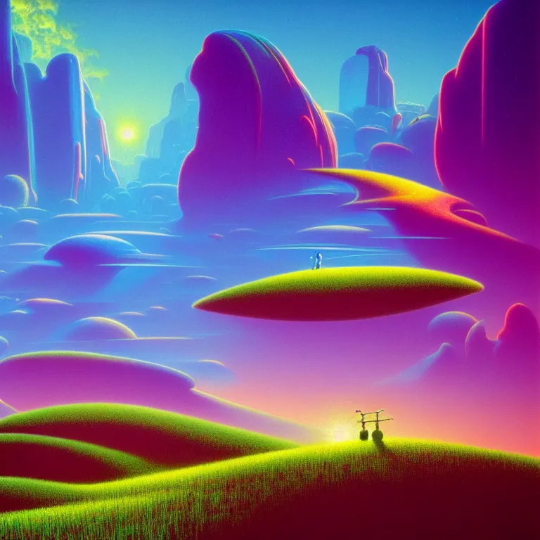 Image similar to shimmering molecules hovering over lush landscape, infinite crystal ascent, synthwave, bright neon colors, highly detailed, cinematic, panoramic, tim white, michael whelan, roger dean, bob eggleton, lisa frank, vladimir kush, kubrick, kimura, isono