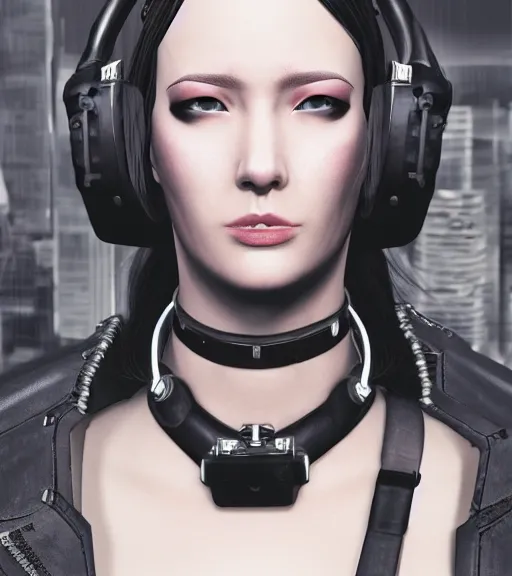 Image similar to detailed realistic female character cyberpunk wearing thick technological collar around neck, realistic, art, beautiful, 4K, collar, choker, collar around neck, punk, artstation, detailed, female, woman, choker, cyberpunk, neon, punk, collar, choker, collar around neck, thick collar, tight around neck, punk,