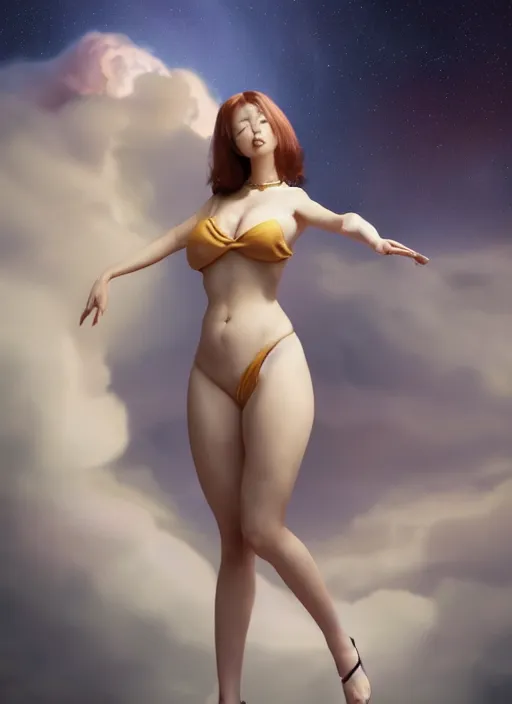 Prompt: Portrait of 20yo female Korean Celestial, full body, slim feminine curvy figure, desirable, captivating, cute, rule of thirds, by Boris Vallejo, flying down from rgb clouds, octane render, mutiversal tsunami, visually stunning, cinematic, serene, beautiful, printed on 3d mixed media