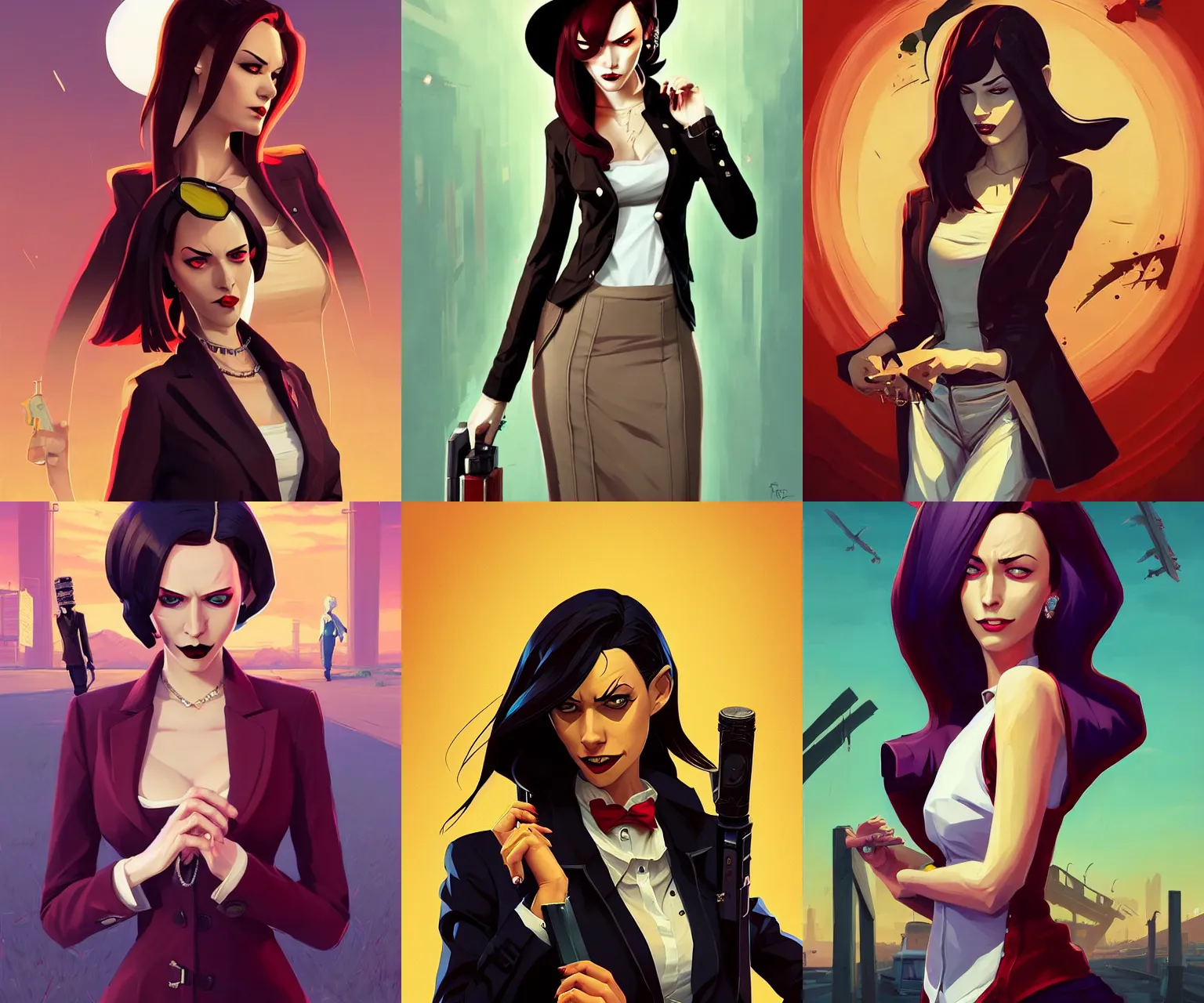 Prompt: portrait of classy lady vampire, gta san andreas cover art, borderlands style, celshading, trending on artstation, by rhads, andreas rocha, rossdraws, makoto shinkai, laurie greasley, lois van baarle, ilya kuvshinov and greg rutkowski