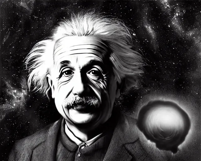 Image similar to albert einstein holding a black hole, psytrance portrait artwork, by sam spratt