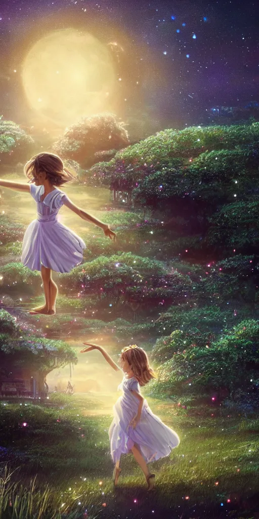 Prompt: a stunning beautiful scene render of somewhere in time a little girl dance latin, emotional, moving, quiet, wonderland, aloneness, dream, realistic, starry night, light effect, moody, attractive, hyper details, 8 k hd, in the style of studio ghibli, beeple, makoto shinkai, animation style, super wide angle, movie lights, very clear