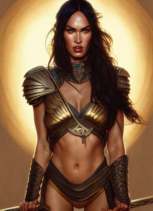 Prompt: portrait of megan fox as gladiator, roman, shield, arena, intricate, headshot, highly detailed, digital painting, artstation, concept art, sharp focus, cinematic lighting, illustration, art by artgerm and greg rutkowski, alphonse mucha, cgsociety