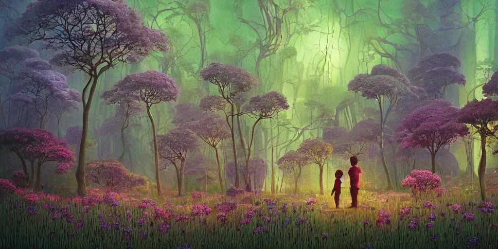 Image similar to 90s oak trees forest with big wild flowers windows, figures, soft neon lights, bright colors, cinematic, cyberpunk, smooth, chrome, lofi, nebula, calming, dramatic, fantasy, by Moebius, by zdzisław beksiński, fantasy LUT, studio ghibli, high contrast, epic composition, sci-fi, dreamlike, surreal, angelic, 8k, unreal engine, hyper realistic, fantasy concept art, XF IQ4, 150MP, 50mm, F1.4, ISO 200, 1/160s, natural light, Adobe Lightroom, photolab, Affinity Photo, PhotoDirector 365