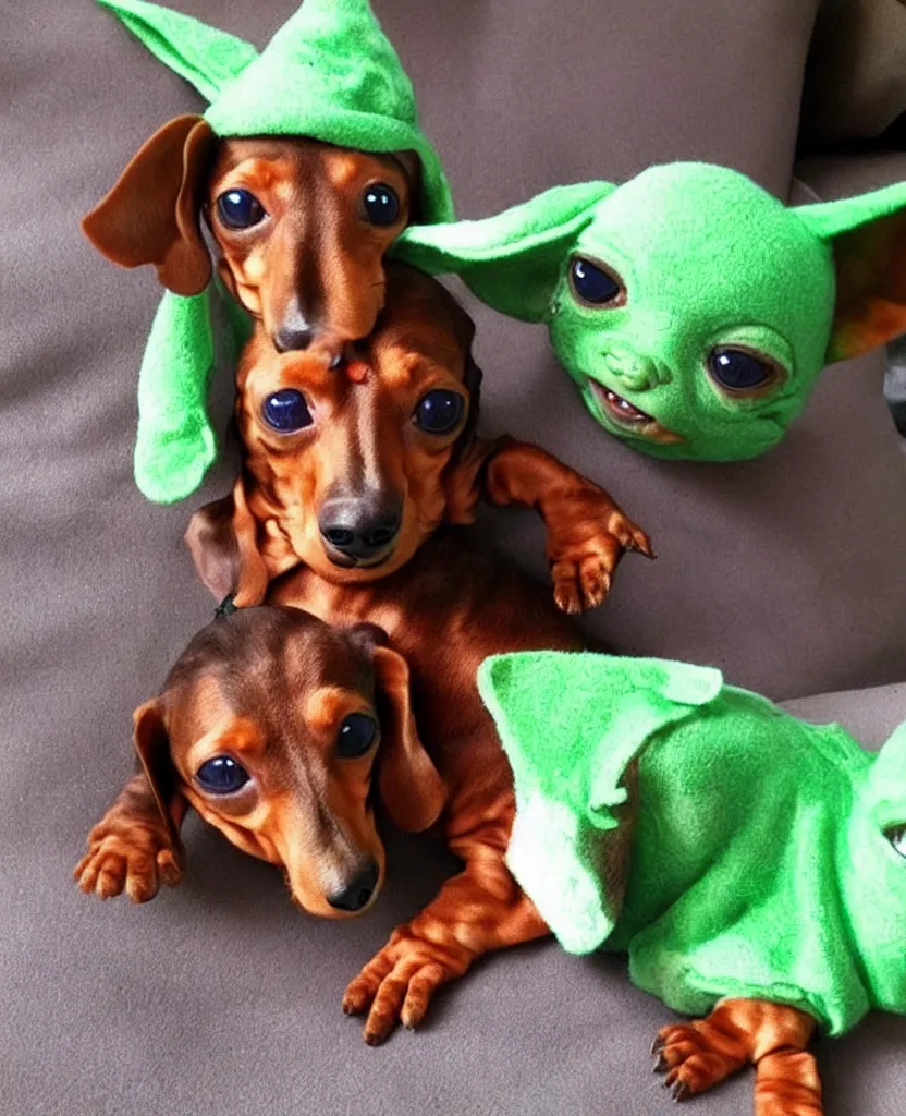 Image similar to a dachshund dressed as Baby Yoda,